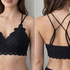 Wishlist Black Floral Lace Bralette with Strappy Crisscross Back